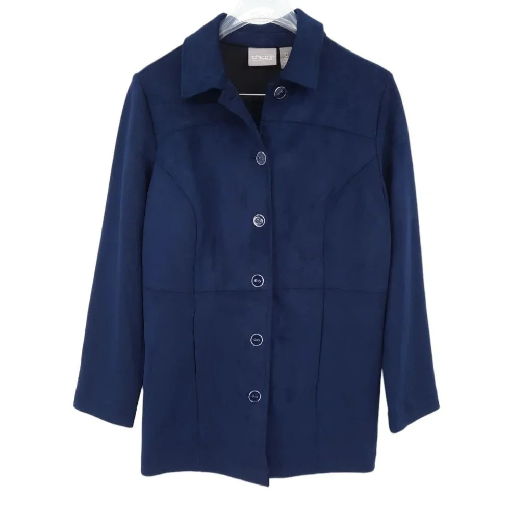 NEW Chico's Deep Navy Faux Suede Long Jacket Size 0 Small 4 Button Front Pockets